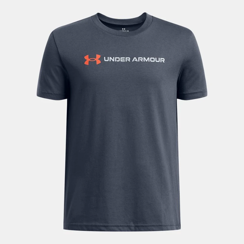 Logo Wordmark Boys Short Sleeve Downpour Gray / Fire / Mod Gray YLG (59 in)