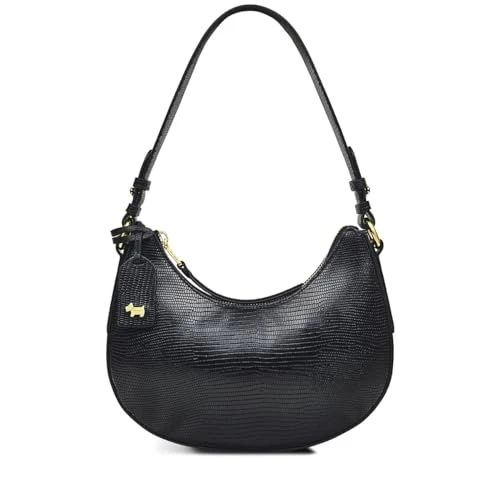 London Bliss Crescent Shoulder Handbag for Women, in Black Faux Lizard Leather