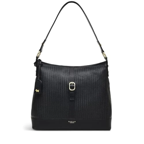 London Ebury Medium Ziptop Shoulder Handbag for Women in Black Textured Weave Embossed Leather, with Padded Strap & Internal Slip and Zip Pockets