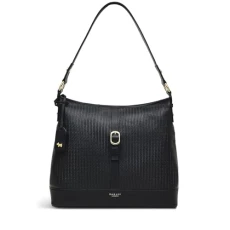 London Ebury Medium Ziptop Shoulder Handbag for Women in Black Textured Weave Embossed Leather, with Padded Strap & Internal Slip and Zip Pockets