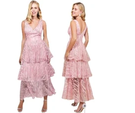 LONDON Embroidered Mesh Tiered Midi Dress DR3812 - Pink Layered Maxi Dress, Cocktail, Evening, Gown 