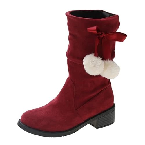 Long Black Boots Women's Spring and Autumn Winter Retro Large Size Thick Heel Solid Color Suede Round Toe Casual Boots Knee High Flat Boots Women (Wine, 5.5)