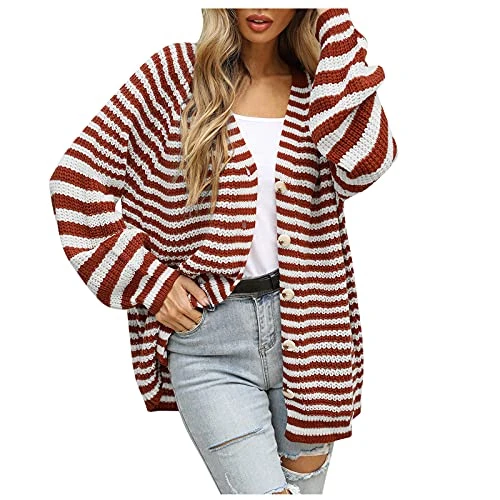 Long Cardigan Women's Colour Block Striped Pullover Outwear Casual Long Sleeve Knitted Jumper Outwear Cardigan Women's Cardigan Anthracite Fashion Women's Jacket, 0831a-brown, XL