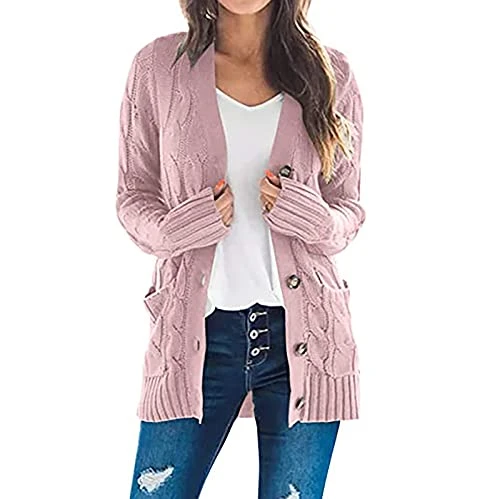 Long Cardigans for Women UK with Pockets Chunky Knit Jumpers Long Sleeve Button Tops Loose Knitwear Sweater Ribbed Lightweight Jacket Ladies Coats Plus Size 8-22