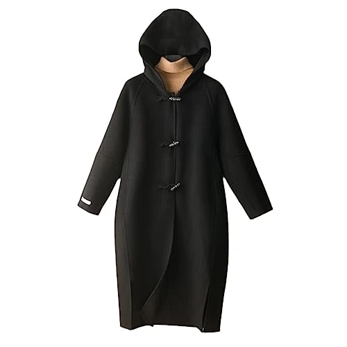 Long Cashmere Coat Women's Wool Hooded Coat Merino Wool Winter Warm Coat Black L