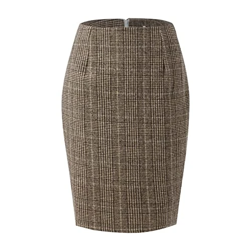 Long Checked Skirts Pencil Plaid Skirts for Women Autumn Winter High Waisted Bodycon Knee-Length Wool Midi Skirt with Slit Suit Women, 0927a-grey, XXL