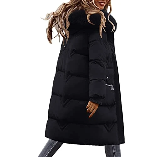 Long Cotton Coat Women's Wool Collar Hooded Cotton Jacket Warm Cotton Padded Jacket Down Jacket with