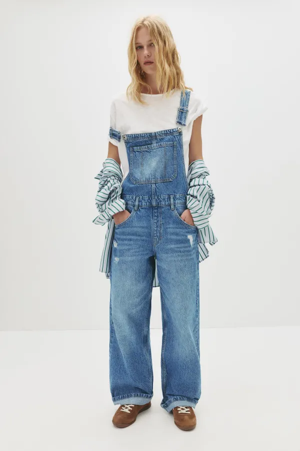 Long Denim Overalls - Medium blue
