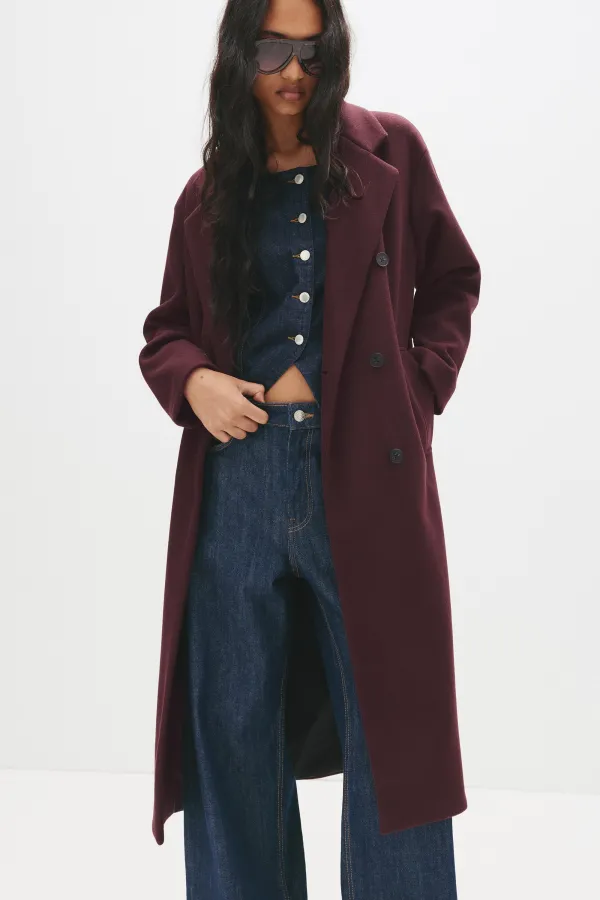 Long Double-Breasted Cloth Coat - Maroon