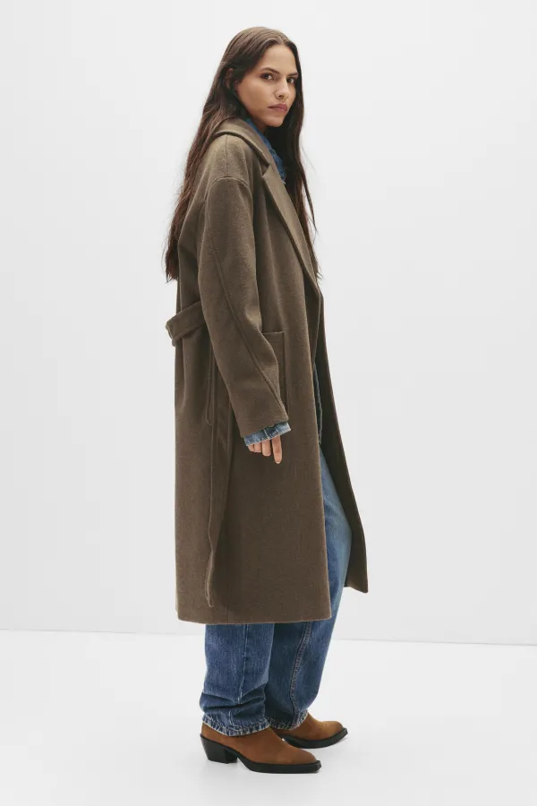 Long Felt Coat With Belt - Mole brown