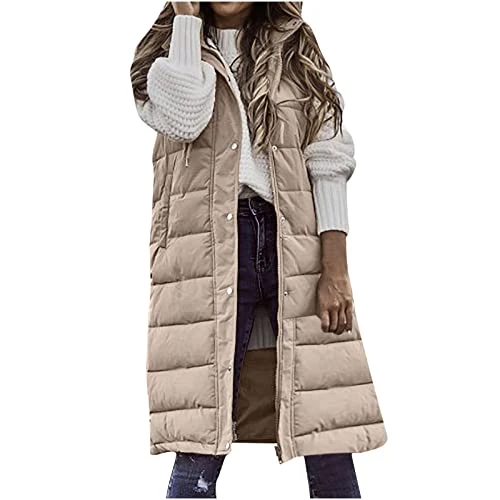 Long Gillet Winter Warm Zip Up Jacket Women's Fleece Gilet Parka Sleeveless Hooded Coat Womens Puffe