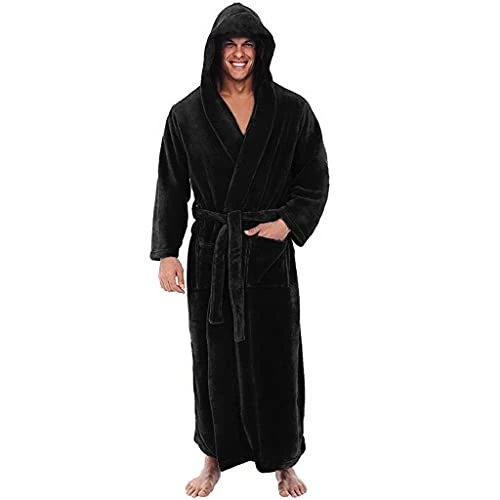 Long Hooded Bathrobe Men, Mens Hooded Dressing Gown Super Soft Long Fleece Bathrobe Long Dressing Gowns for Men Flannel Fluffy Pajamas Sleepwear Shawl Dressing Gown Long Sleeved Robe Coat Black