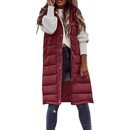 Long Jacket Vest Women's Down Vest with Hood Warm Long Vest Sleeveless Hooded Vest Winter Women's Ve