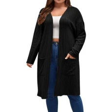 Long Knitted Sweater for Women Plus Size Ribbed Kitting Shirt Solid Color Long Sleeve Knitwear Casual Open Front Warm Sweater Oversized Lightweight Soft Jumpers with Pockets(Black,3XL)