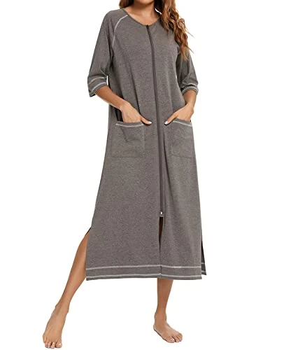 Long Nightdress for Women Zipper Cotton Soft Nightgown Nightshirt Loose Fit Sleepwear Dark Grey