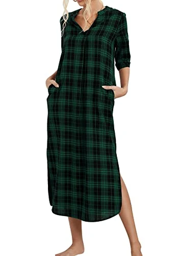 Long Nightgowns for Women Cotton Flannelette Full Length Nightdresses Check,Green,M