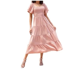 Long Satin Dress Women Puff Sleeve Ruched Short Sleeve Dress for Women Business Skirt Set (RD2, L) Long Satin Dress Women Puff Sleeve Ruched Short Sleeve Dress for Women Business Skirt Set (RD2, L)