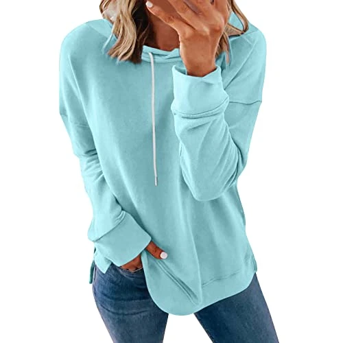 Long shirt women's casual crew neck sweatshirt casual, comfortable, loose, plain casual sweatshirt with hood for women, long sleeve shirt, women's pullover tunic tops, blue, L