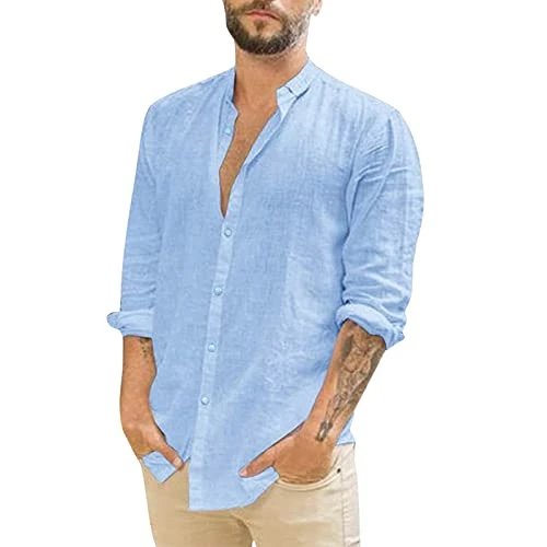 Long Shirts Women & Men Shrink-Less Tropical Holiday Golf Shirt Slit Pocket Breathable Linen Square Neck Metallic Zip Up Unisex Solid Regular Fit Mens Short Sleeve Linen Shirt Light Blue