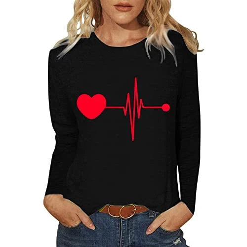 Long Shirts Women's Long Sleeve Crew Neck T-Shirt Funny Printed Slim Fit Casual Shirts T-Shirt Blous