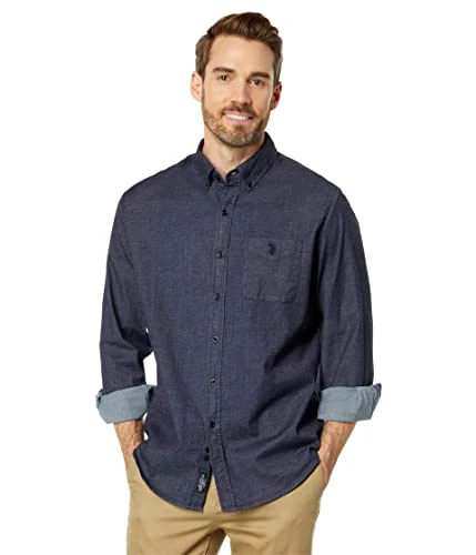 Long Sleeve Chambray Denim Woven Shirt, Dark Blue, Medium