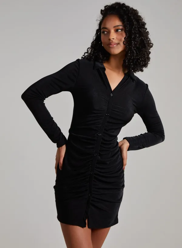 Long Sleeve Collar Mini Dress - L - Black