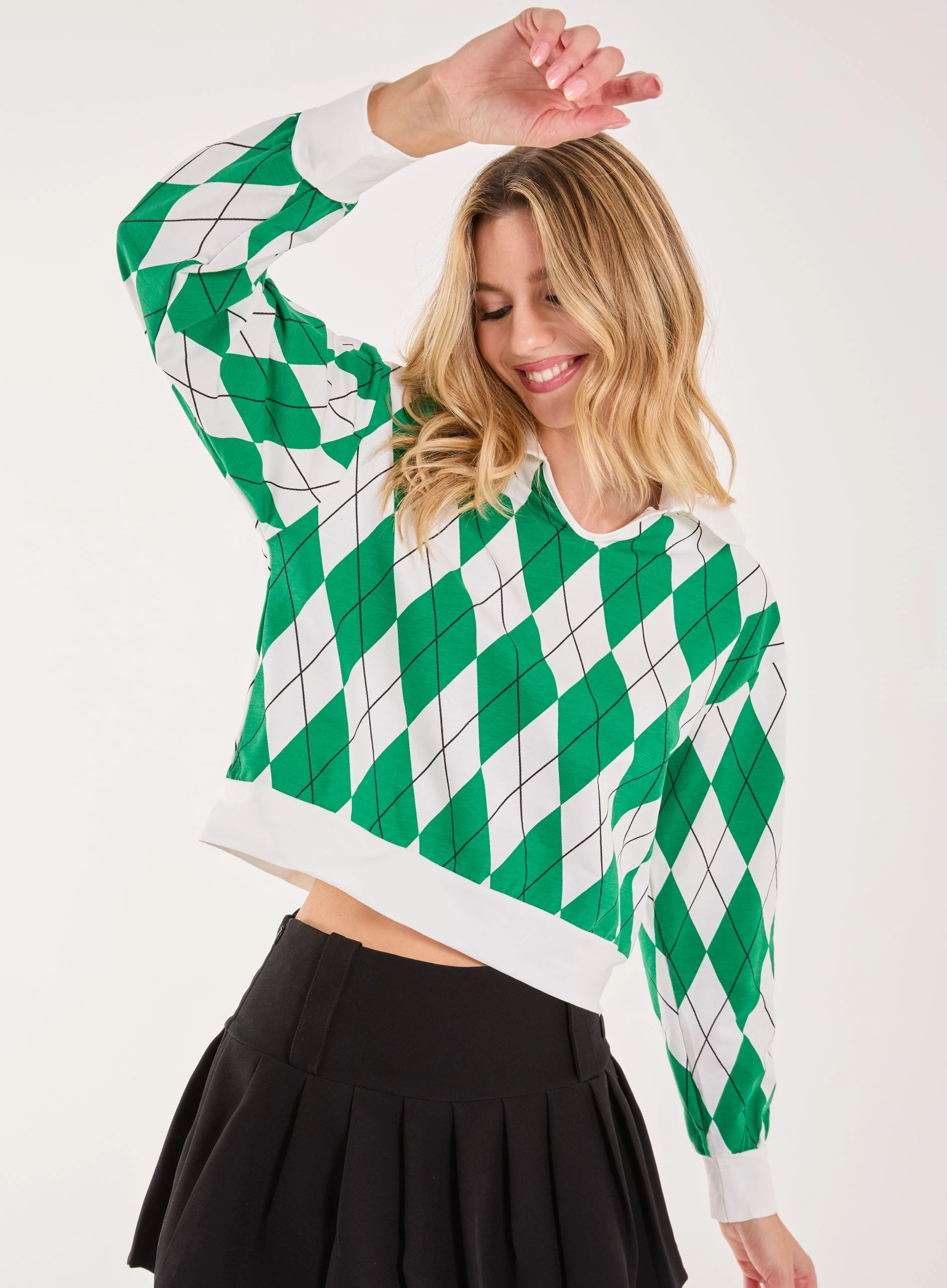 Long Sleeve Collared Diamond Top  - S/M  - GREEN