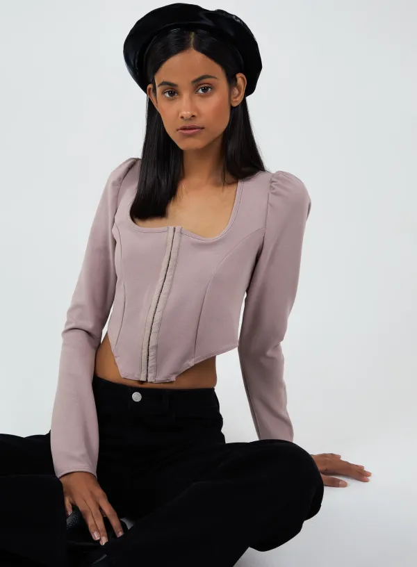 Long Sleeve Corset Top - 12 - Taupe