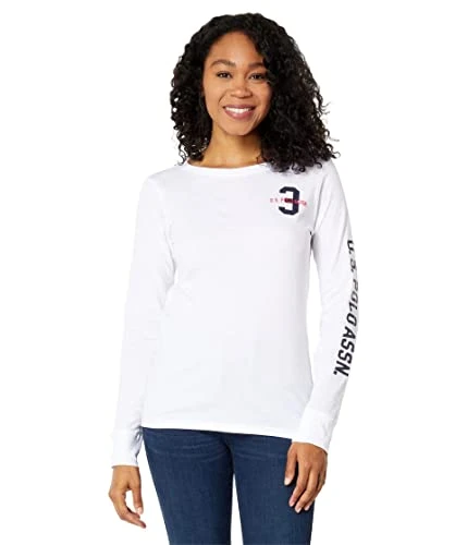 Long Sleeve Crew Neck Graphic Sleeve Tee Shirt, White, S