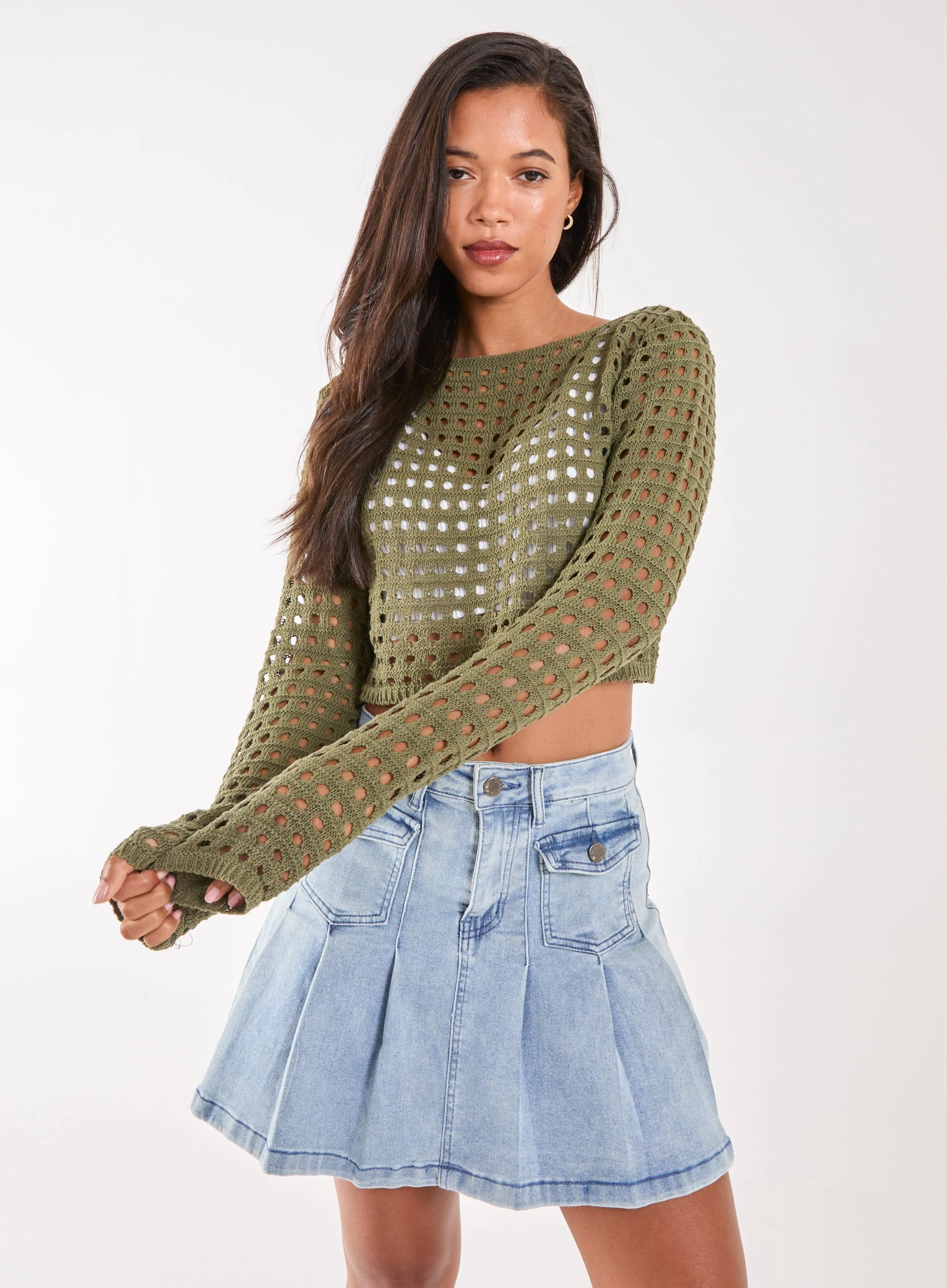 Long Sleeve Crochet Top  - M  - KHAKI