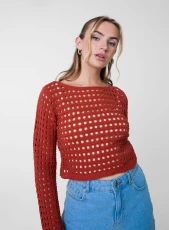 Long Sleeve Crochet Top Rust
