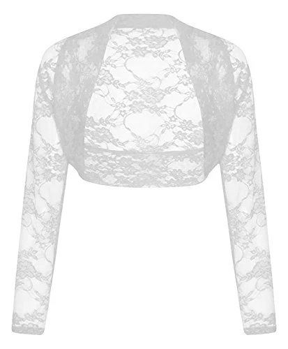 Long Sleeve Cropped Lace Bolero Shrug ((X/L) 16-18, White)