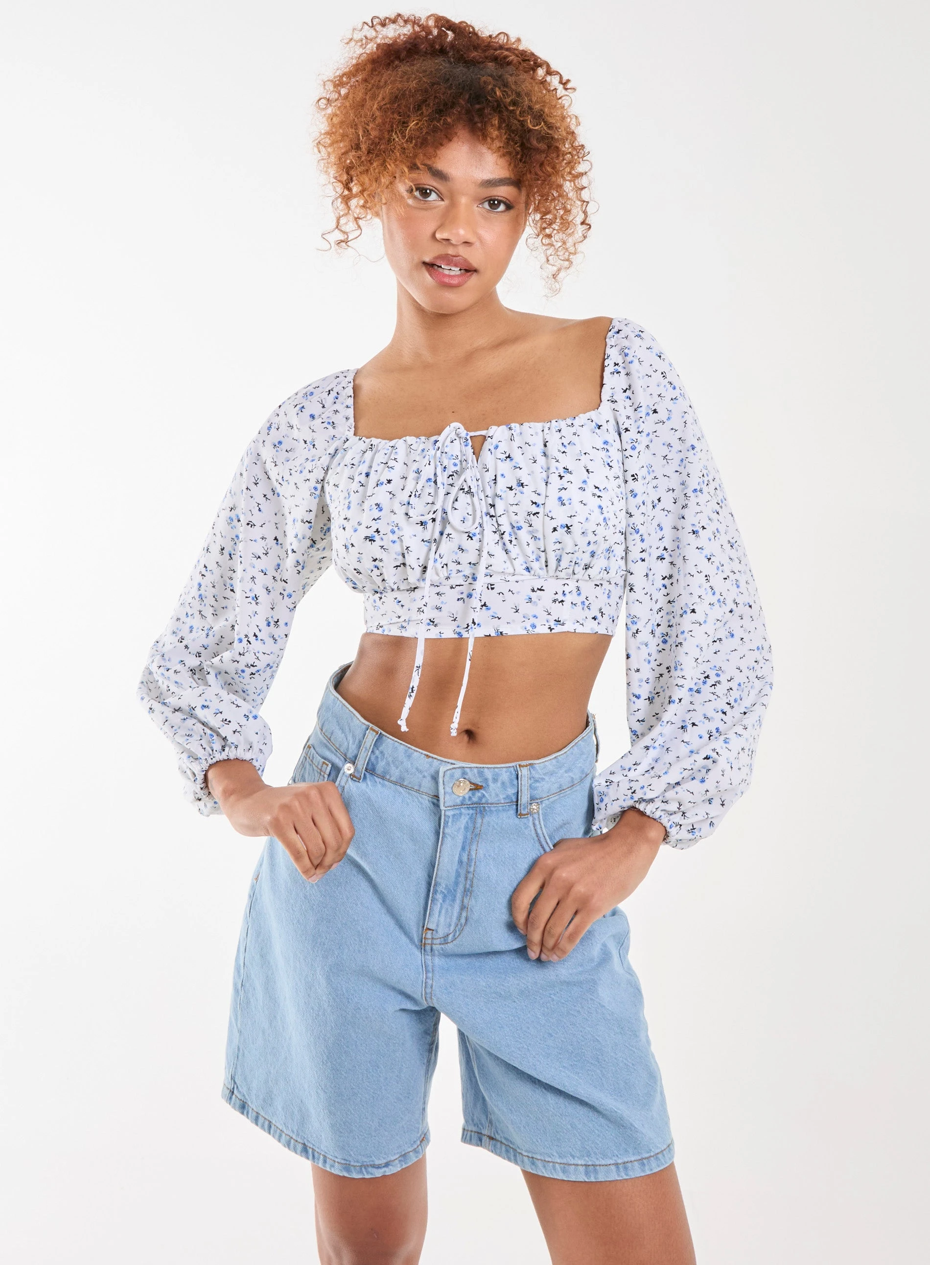 Long Sleeve Cropped Milkmaid Top  - 14  - BLUE