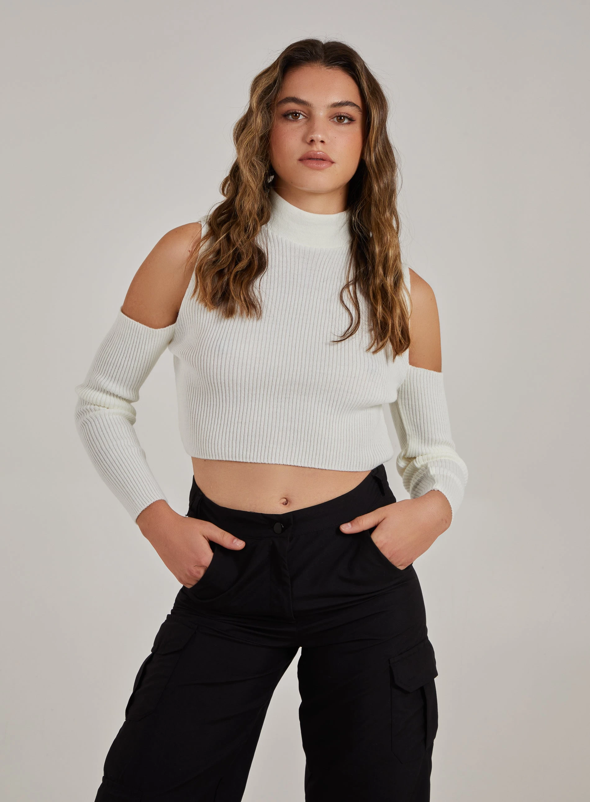 Long Sleeve Cut Out Knitted Top  - S/M  - Stone