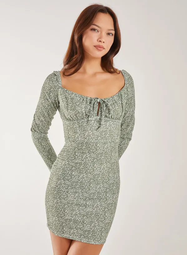 Long Sleeve Ditsy Floral Dress KHAKI