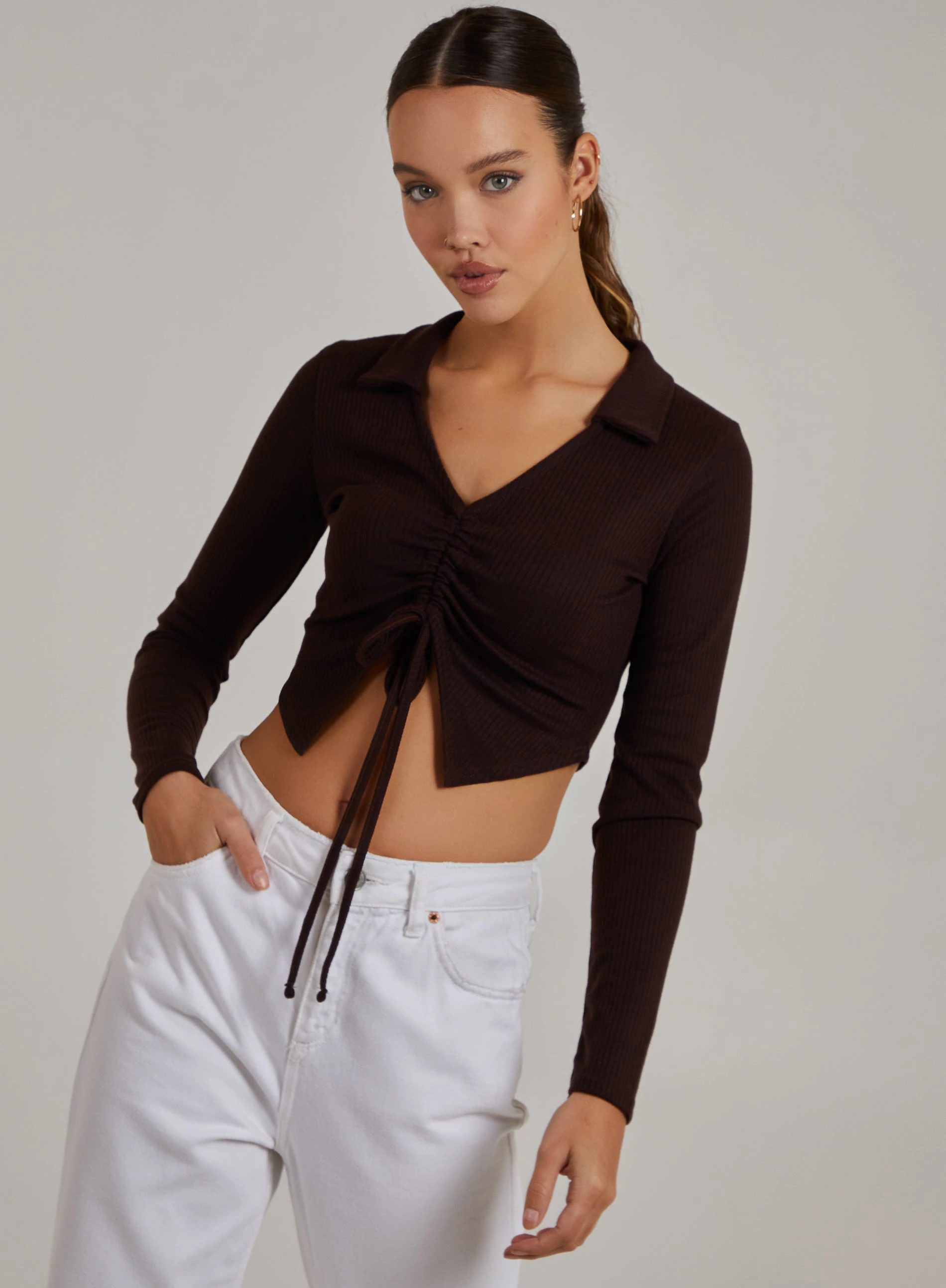 Long Sleeve Gathered Rib Top  - L  - Chocolate