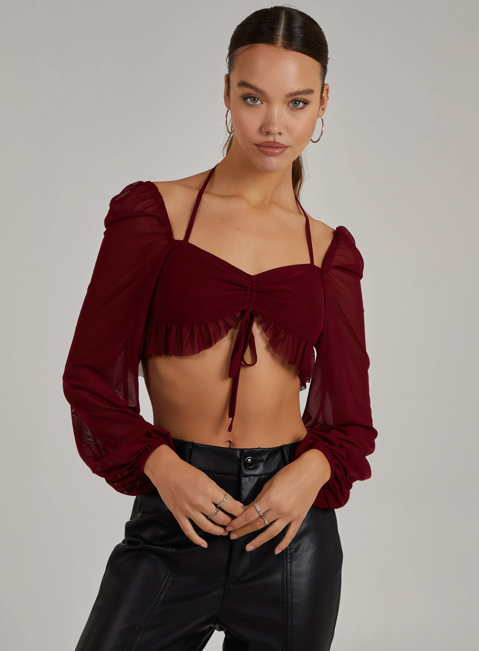 Long Sleeve Halterneck Crop Top  - 8  - Burgundy