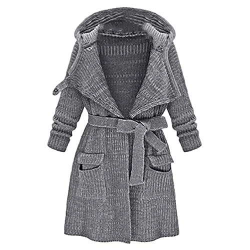 Long Sleeve Lapel Neck Sweaters for Womens Belted Hooded Long Knitted Jumpers Cardigans with Pockets (Gray, One Size)