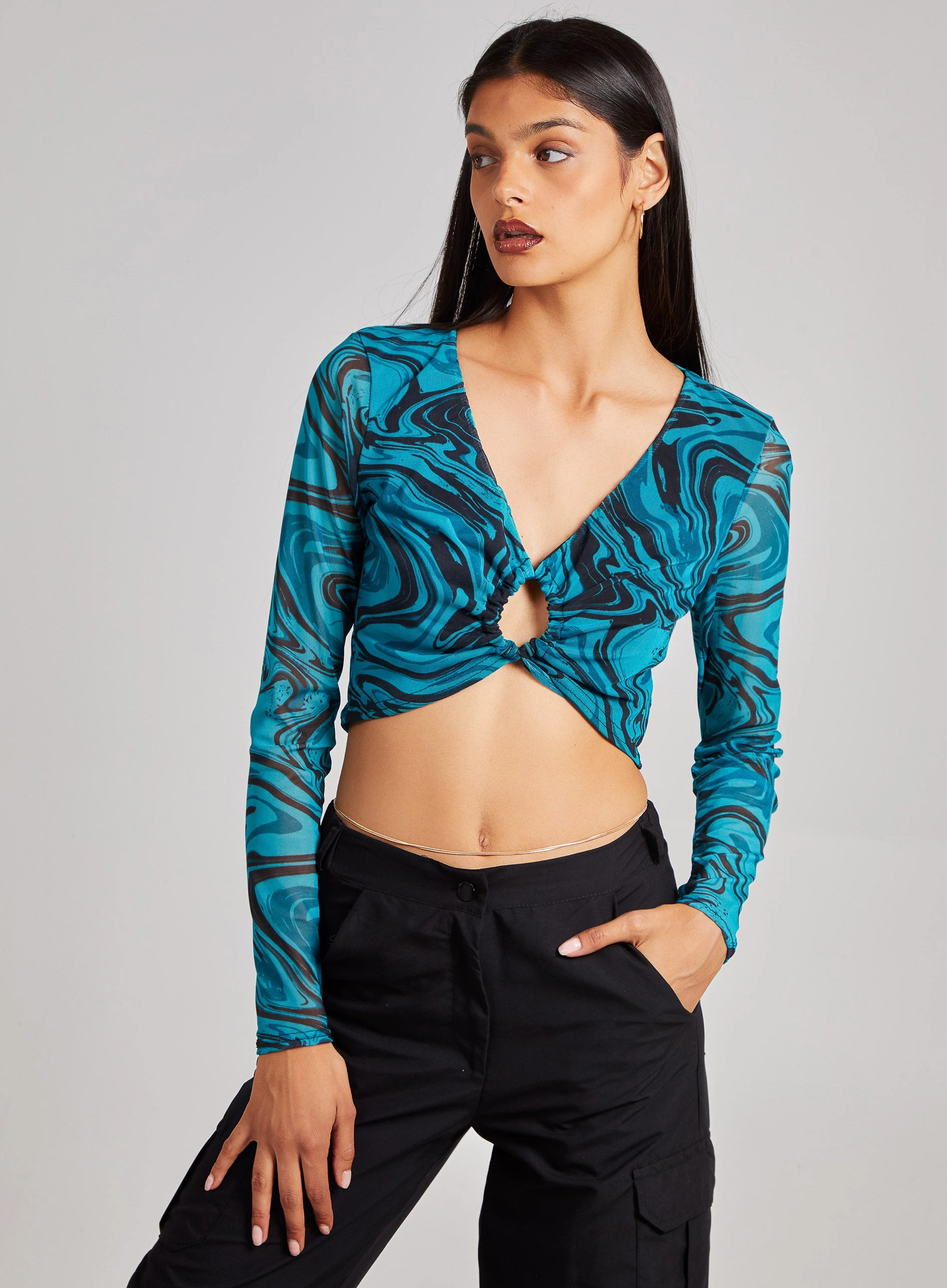 Long Sleeve Marble Print Top  - L  - Teal