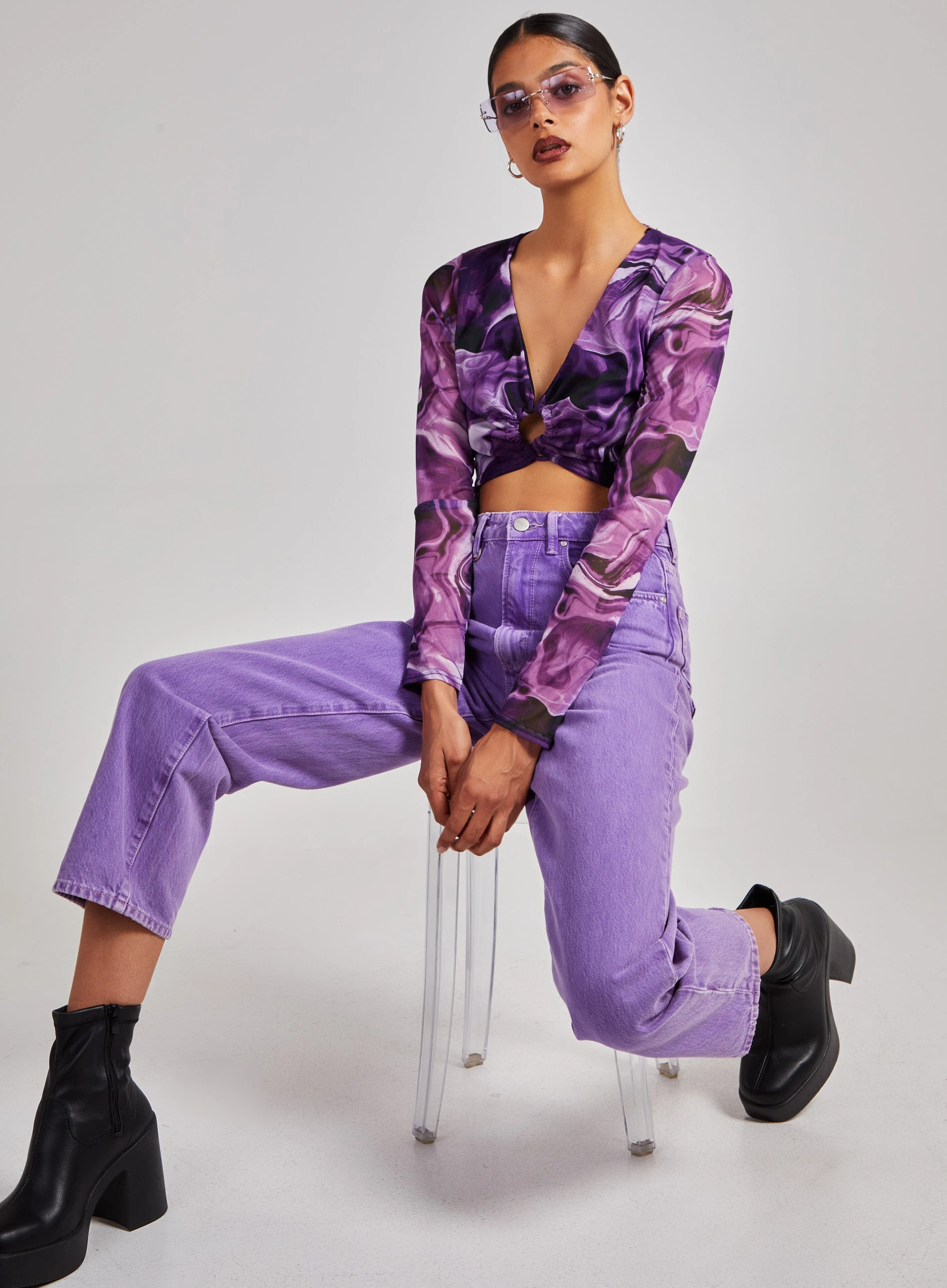 Long Sleeve Marble Print Top  - S  - Purple