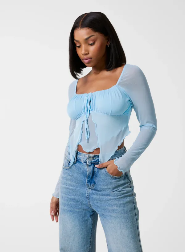 Long Sleeve Mesh Butterfly Top - - BLUE