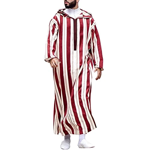 Long Sleeve Muslim Robes Men's Striped Long Sleeve Zip Hooded Muslim Robe casual colour block Y-Neck Robe Middle Eastern Ethnic Costume Robe Islamic Lounge Abaya Robes Skin-Friendly Kaftan Robe