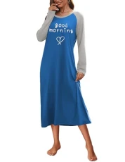 Long Sleeve Nightdress Nightshirts For Women Nighties Loose Casual Soft Lightweight Lounge Nightwear, Blue, XXL Long Sleeve Nightdress Nightshirts For Women Nighties Loose Casual Soft Lightweight Lounge Nightwear, Blue, XXL