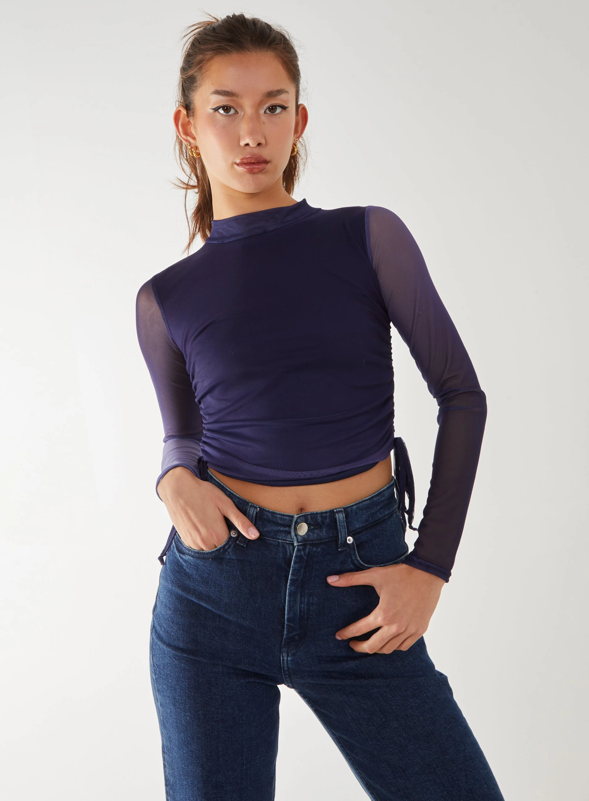 Long Sleeve Ombre Mesh Top  - L  - Midnight Blue