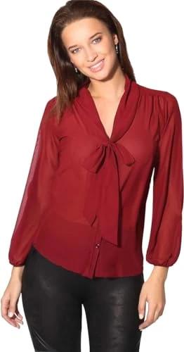 Long Sleeve Pussy Bow Tie Blouse Chiffon Shirt Top (Wine, 8), 9522-WIN-08