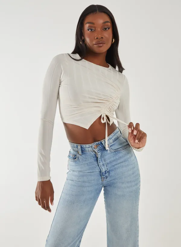 Long Sleeve Ruched Asymmetric Top - - STONE