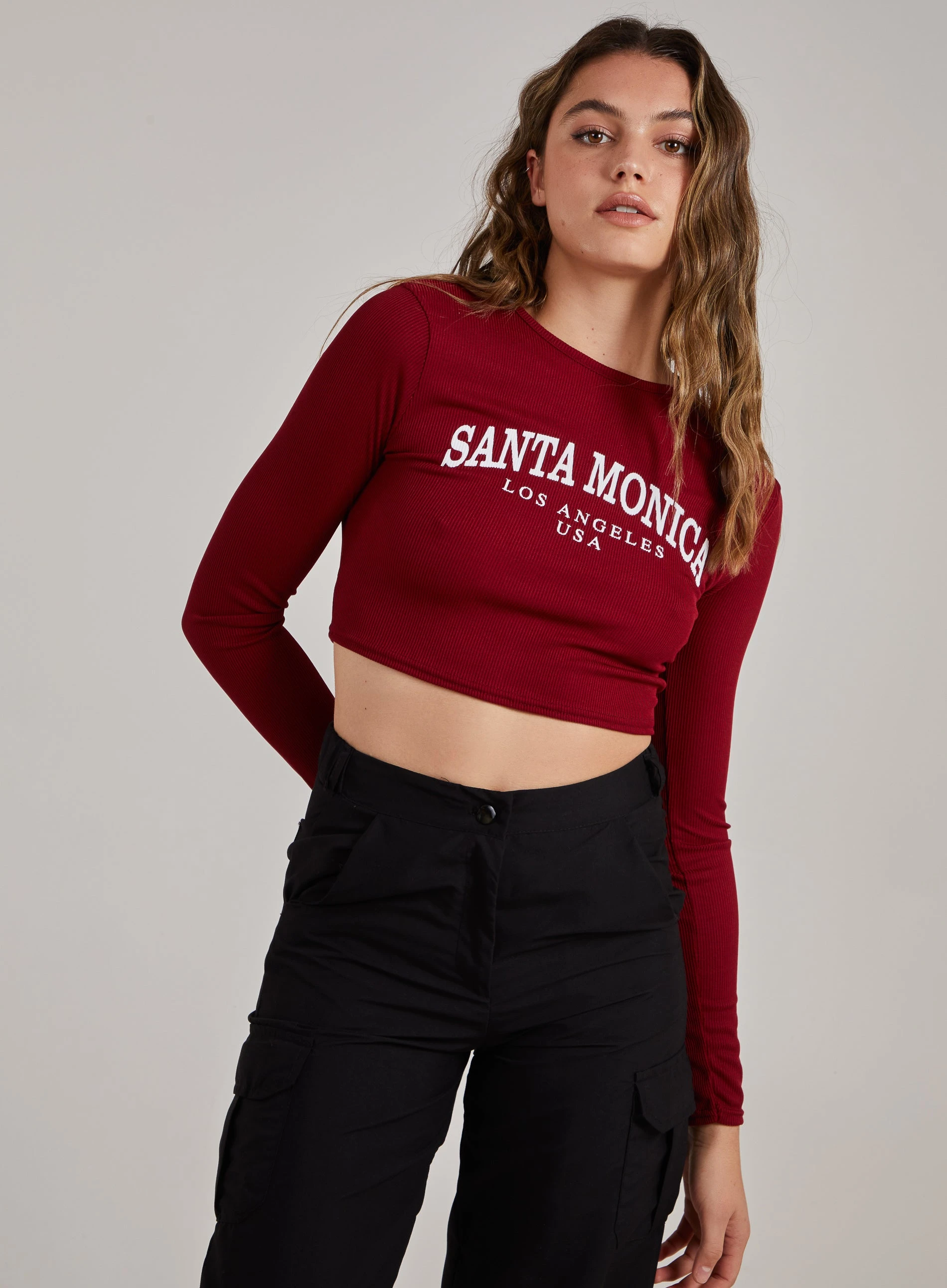 Long Sleeve Santa Monica Varsity Top  - L  - Wine