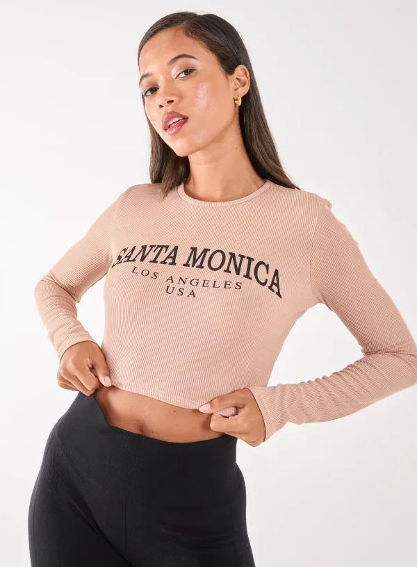Long Sleeve Santa Monica Varsity Top - - Stone