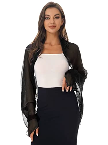 Long Sleeve Sheer Chiffon Cover Ups for Women Elegant Bolero Wrapped Shrug Sweater Shawl Black One S