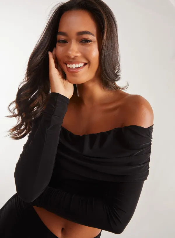 Long Sleeve Slinky Bardot Top - - Black